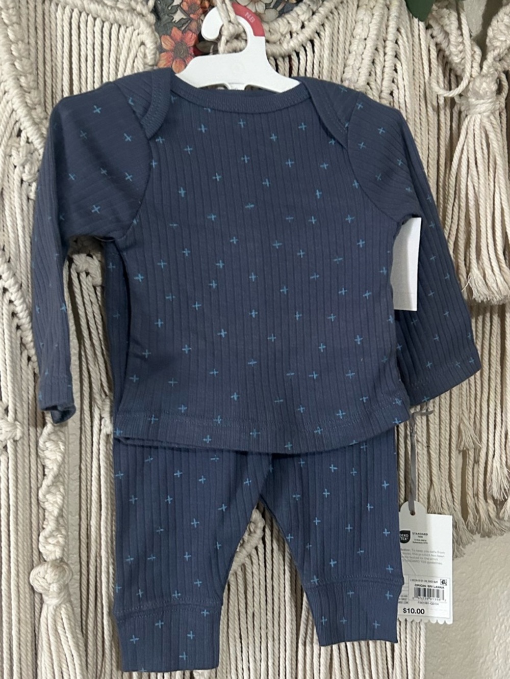 cloud island Navy Ribbed Pajama Set with Light Blue Crosses
